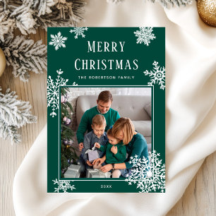Elegante grüne Weihnachts-Schneeflocken-Foto Feiertagskarte