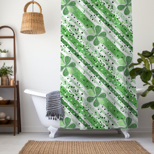 Elegante grüne weiße Streifen Shamrock Glitter Duschvorhang