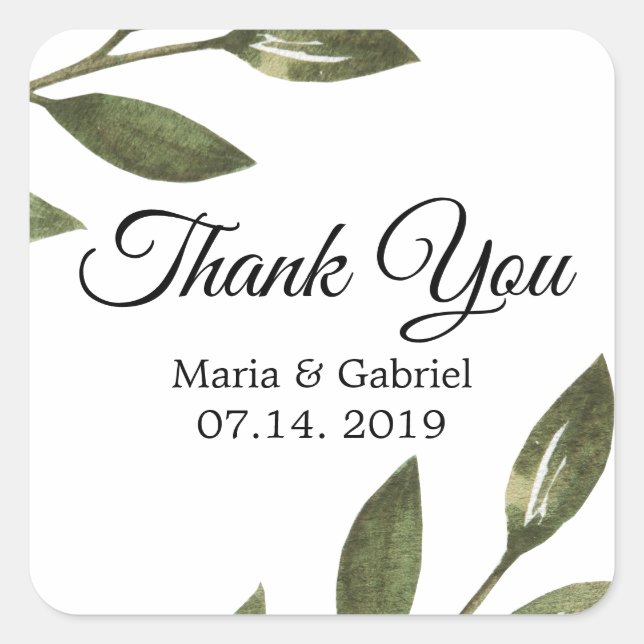 Elegante grüne Zweige Airy Wedding Vielen Dank Quadratischer Aufkleber (Vorderseite)