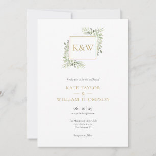 Elegante Grünmonogramm-Hochzeit Einladung