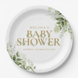 Elegante Grünpflanzen Gold Baby Shower Pappteller