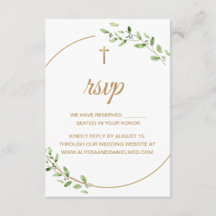 Elegante Grünpflanzen Goldkreuz Christliche Hochze RSVP Karte