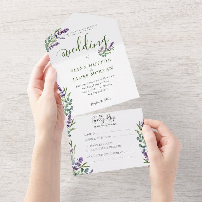 Elegante Grünpflanzen Lavender Calligraphy Wedding All In One Einladung (Abreißen)