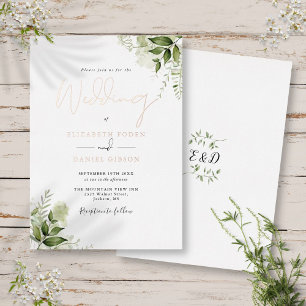 Elegante Grünpflanzen Schrift Hochzeit Roségold Folieneinladung