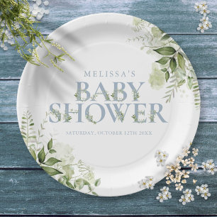 Elegante Grünpflanzen Staubblau Baby Shower Pappteller