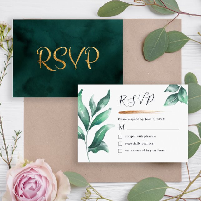 Elegante Grünpflanzen und Gold Minimalistisch RSVP Karte (Von Creator hochgeladen)