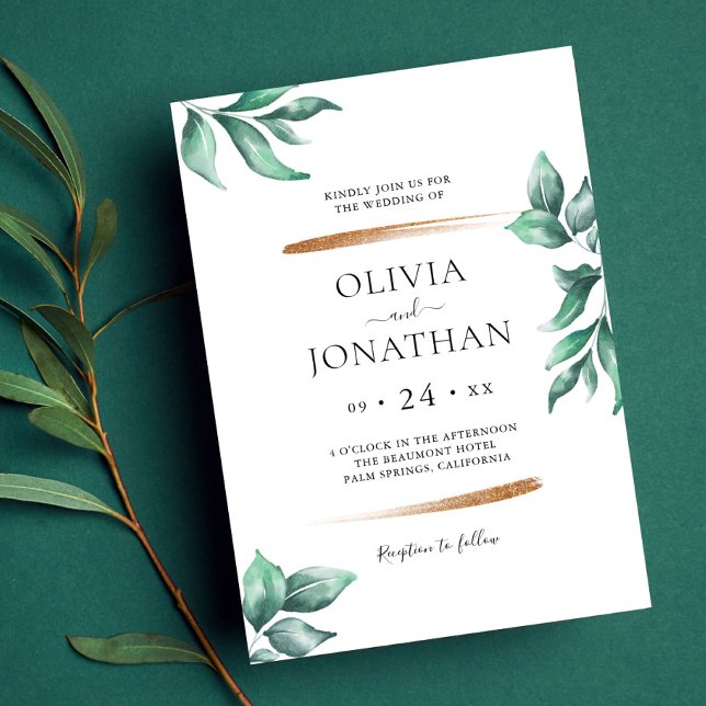 Elegante Grünpflanzen und Minimalistische Hochzeit Einladung (Von Creator hochgeladen)
