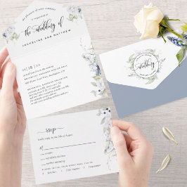 Elegante Grünpflanzen, White Dusty Blue Floral Wed All In One Einladung