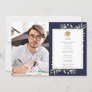 Elegante Grüntöne Navy Blau Abschlussfeier Foto  Einladung