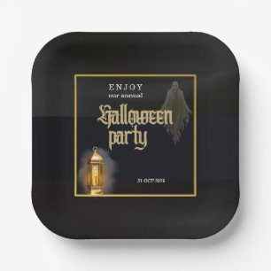 Elegante Gruselige Schwarze Gold Laterne Halloween Pappteller