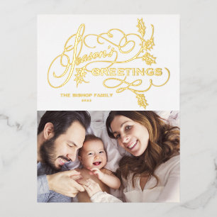 Elegante Grüße zur Jahreszeit Flourish Familienfot Folien Feiertagspostkarte