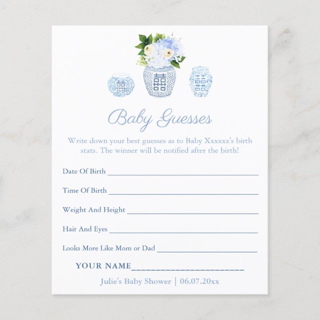 Elegante Guess Baby Birth Stats Shower Game Card (Vorderseite)