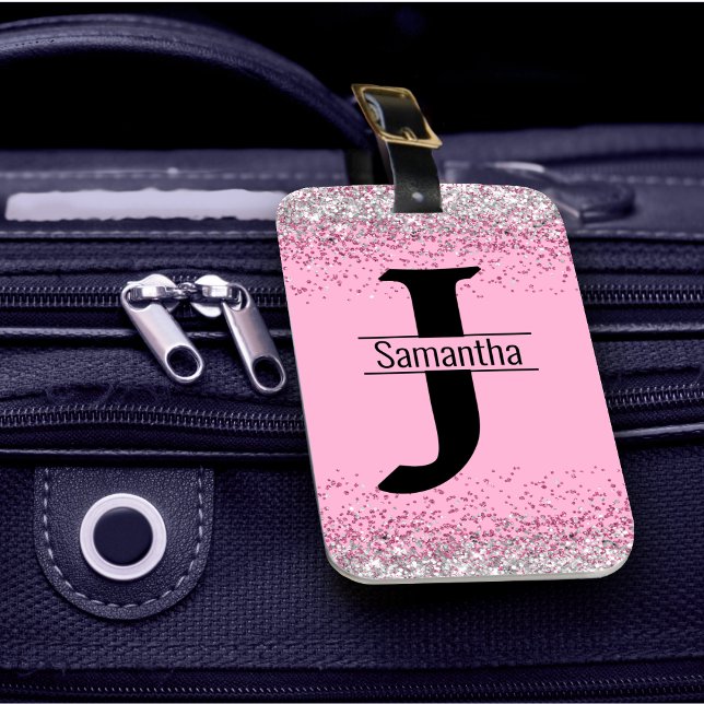 Elegante gürtelrosa silberne Imitate Glitzer Monog Gepäckanhänger (Von Creator hochgeladen)