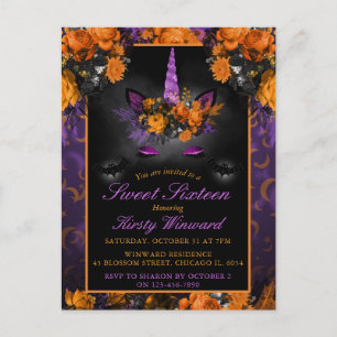 Elegante Halloween Blume Einhorn Sweet 16 Einladun Postkarte