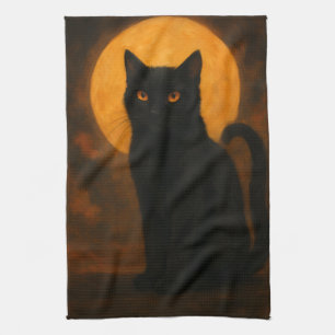 Elegante Halloween-Schwarze Katze Orange Augen Geschirrtuch