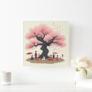 Elegante Hanami-Kirschblüten-Wanduhr Quadratische Wanduhr