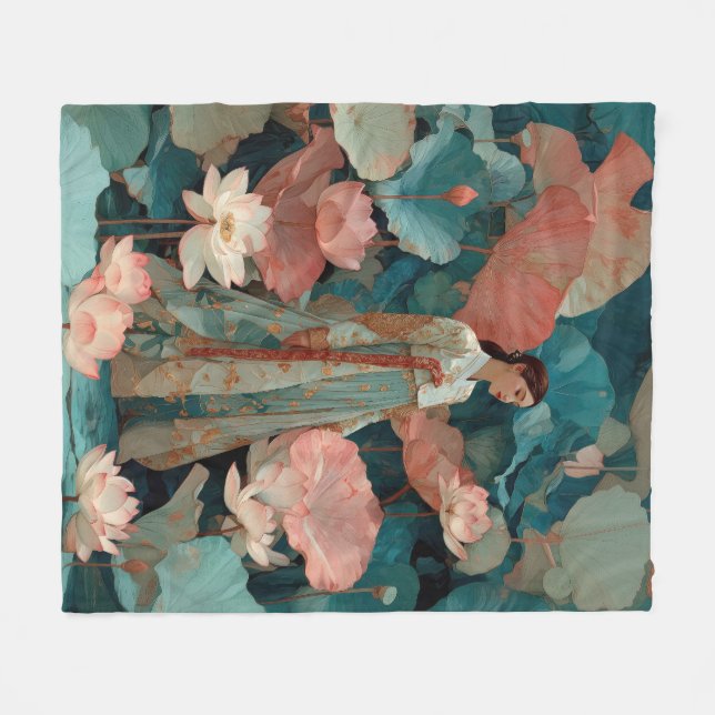 Elegante Hanbok-Frau im rosa Lotusgarten Fleecedecke (Vorderseite (Horizontal))