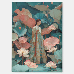 Elegante Hanbok-Frau im rosa Lotusgarten Magnet
