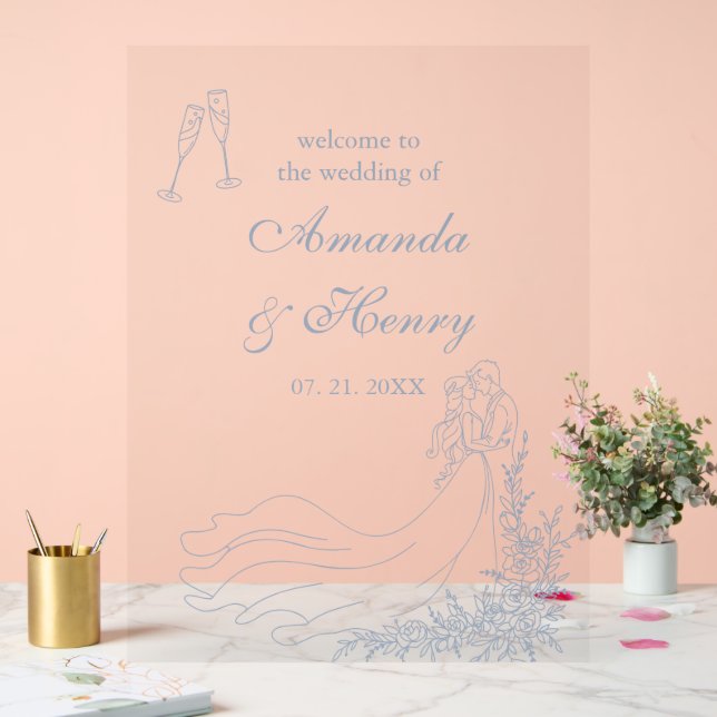 Elegante Hand Drawn Dusty Blue Wedding Willkommen Acrylschild (Hochzeit)