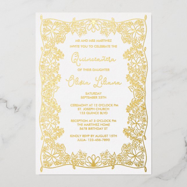 Elegante Hand Drawn Floral Quinceañera Folieneinladung (Vorderseite)