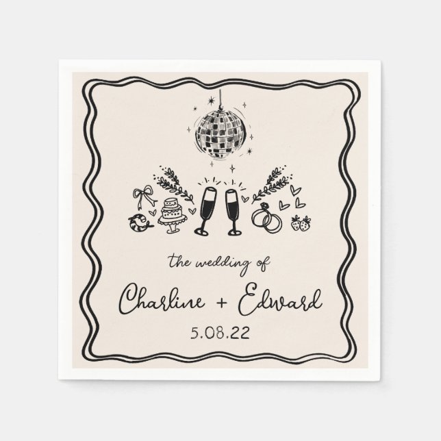 Elegante Hand Drawn Retro Black Wedding Napkins Serviette (Vorderseite)