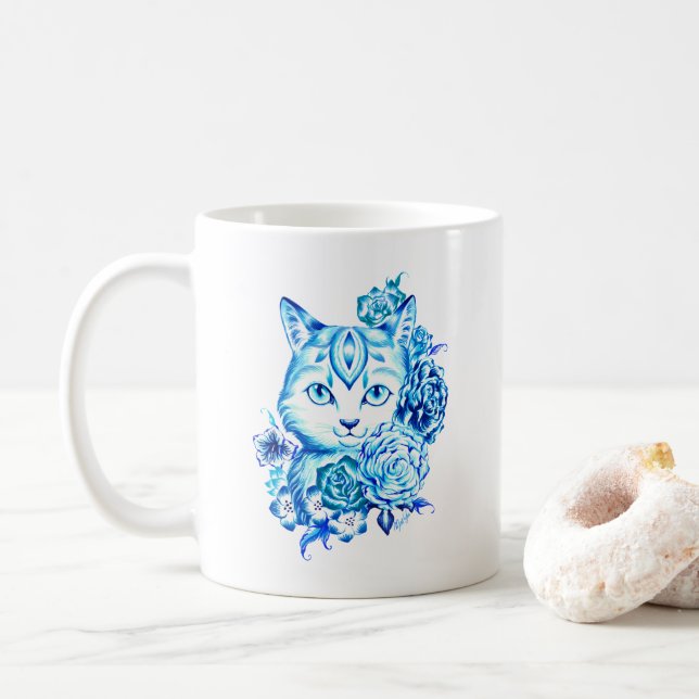 Elegante Hand gezeichnete 10 blaue Kaffeetasse (Mit Donut)
