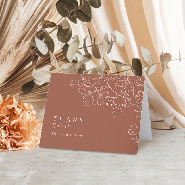 Elegante handgearbeitete Terrakotta Hochzeit Dankeskarte (Elegant hand drawn floral terracotta wedding thank you card)