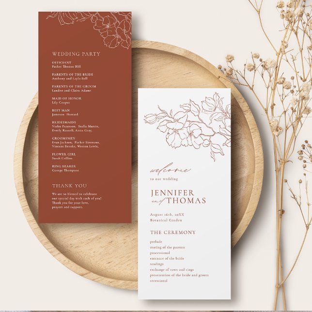 Elegante handgearbeitete Terrakotta Hochzeit Programm (Elegant hand drawn floral terracotta wedding program)