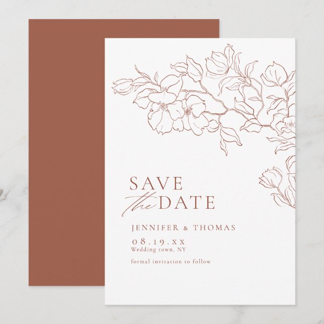 Elegante handgearbeitete Terrakotta Hochzeit Save The Date (Vorne/Hinten)