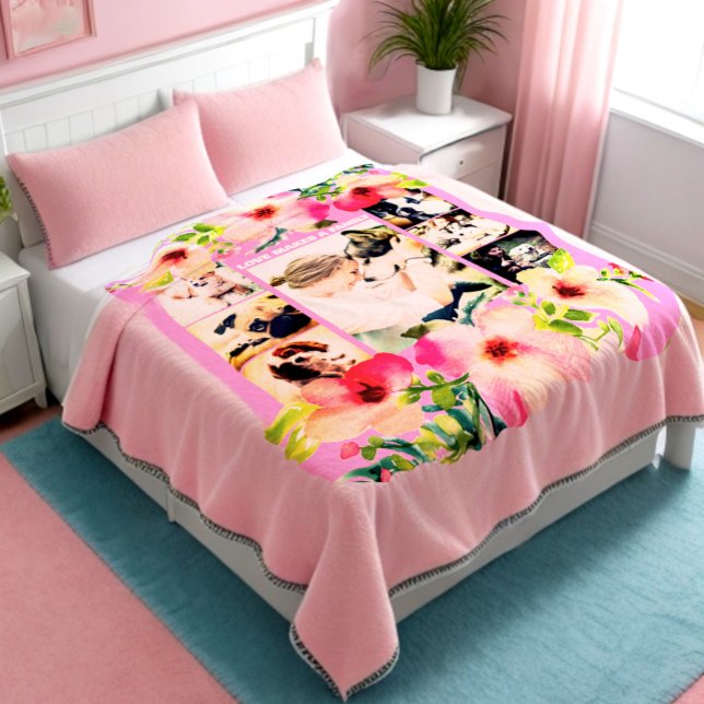 Elegante handgemachte Wasserfarben Rose Fotomateri Fleecedecke (Cute photo collage floral blanket)
