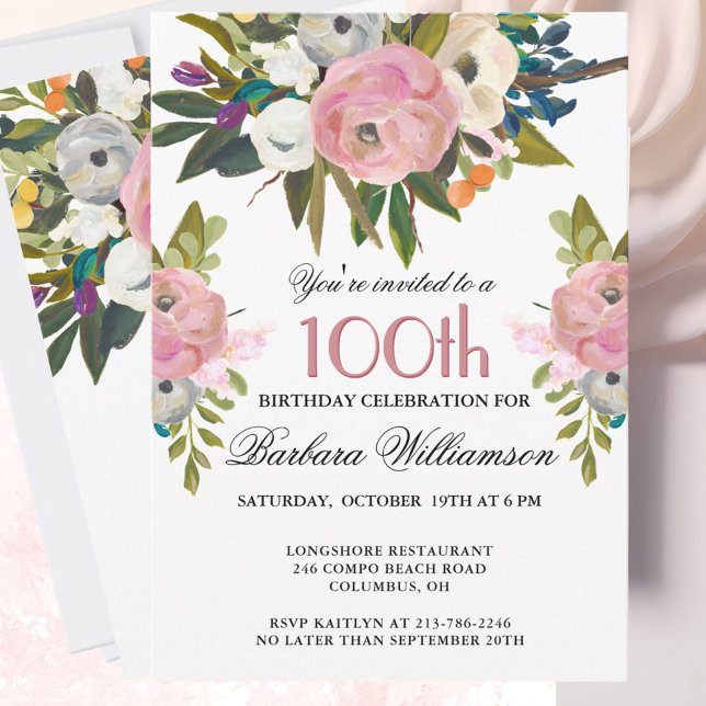 Elegante handgemalte Blumen zum 100. Geburtstag Pa Einladung (Von Creator hochgeladen)