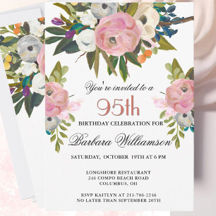 Elegante handgemalte Blumen zum 95. Geburtstag Par Einladung