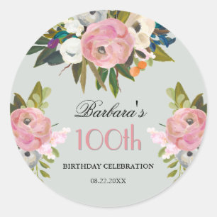 Elegante handgemalte florale 100. Geburtstagsbegrü Runder Aufkleber