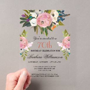 Elegante handgemalte florale 70. Geburtstagsfeier Acryleinladungen
