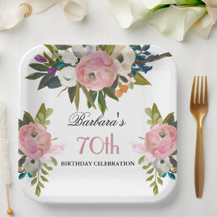 Elegante handgemalte florale 70. Geburtstagsfeier Pappteller