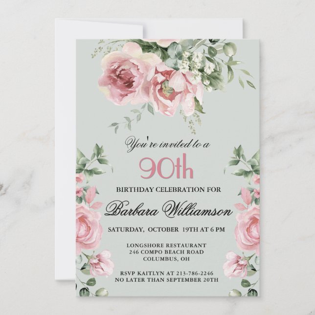 Elegante handgemalte Rose 90. Geburtstagsparty Einladung (Vorderseite)