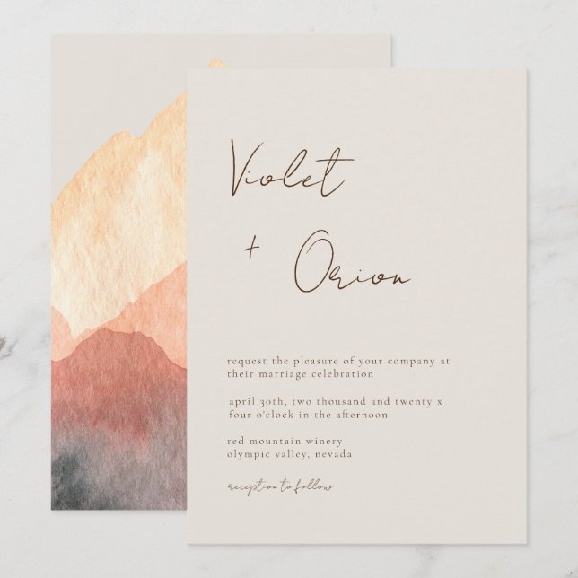 Elegante, handgeschriebene Berge Hochzeit Einladung (Vorne/Hinten)