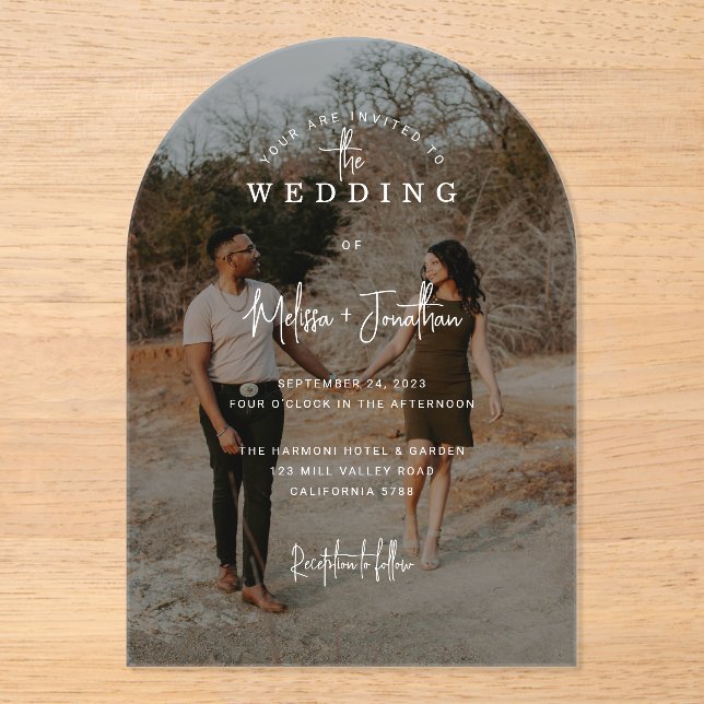 Elegante handgeschriebene Skript-Foto-Hochzeit Acryleinladungen (Vorderseite)