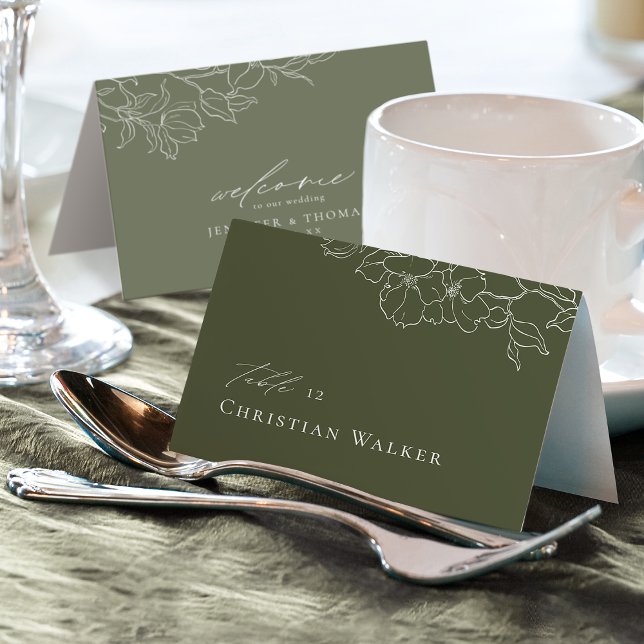 Elegante handgezeichnete, blühende Weise grüne Pla Tischnummer (Elegant hand drawn floral sage green Place Card)