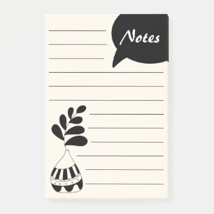 Elegante handgezeichnete Blume Pot Black and White Post-it Klebezettel