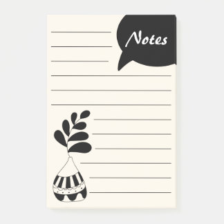 Elegante handgezeichnete Blume Pot Black and White Post-it Klebezettel