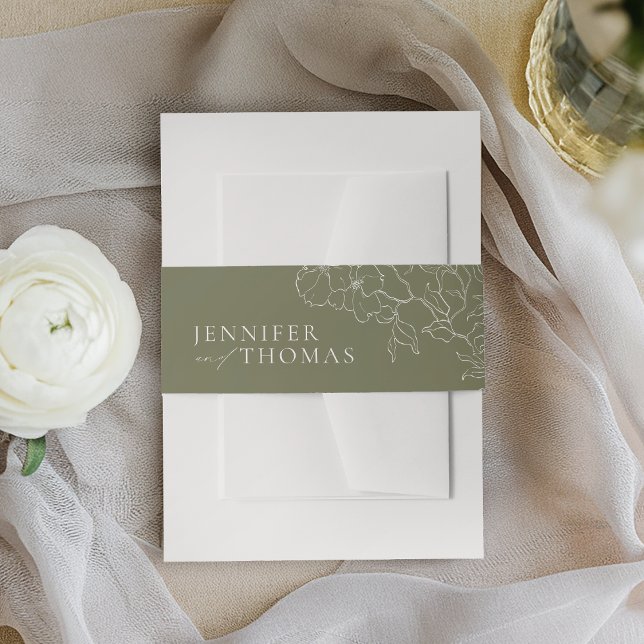 Elegante handgezeichnete Blütensafari Einladungsbanderole (Elegant hand drawn floral sage green wedding invitation belly band)