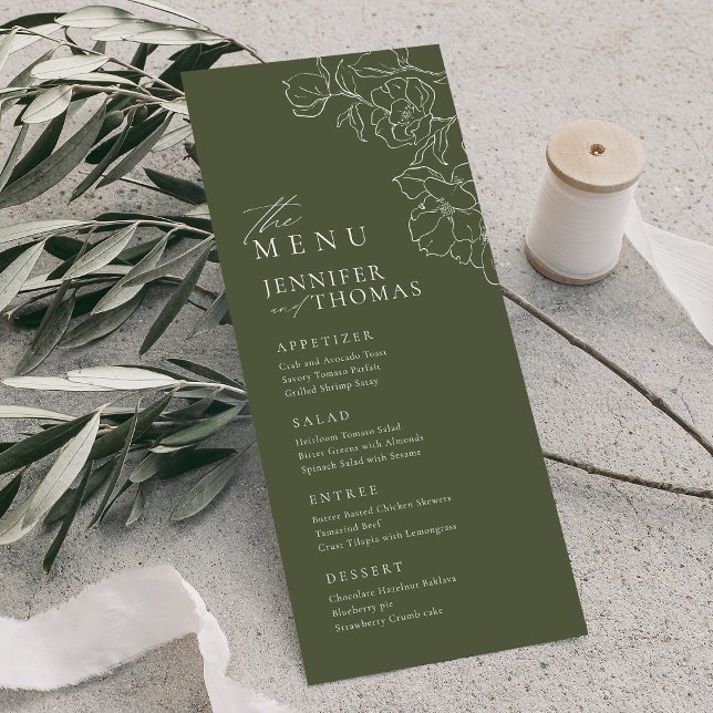 Elegante handgezeichnete Blütensafari Menükarte (Elegant hand drawn floral sage green wedding menu)