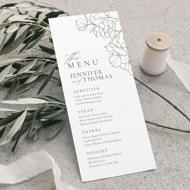 Elegante handgezeichnete Blütensafari Menükarte (Elegant hand drawn floral sage green wedding menu)