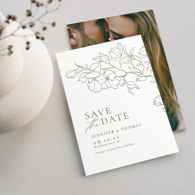 Elegante handgezeichnete Blütensafari Save The Date (Elegant hand drawn floral sage green save the date card)