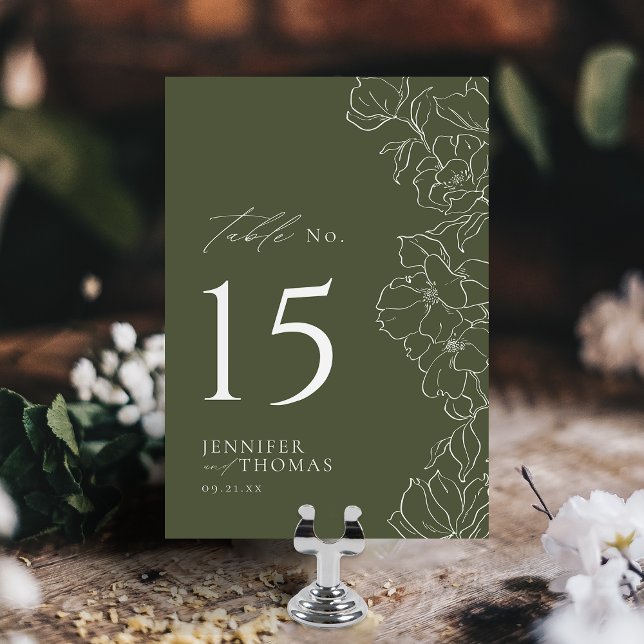 Elegante handgezeichnete Blütensafari Tischnummer (Elegant hand drawn floral sage green wedding Table Number)