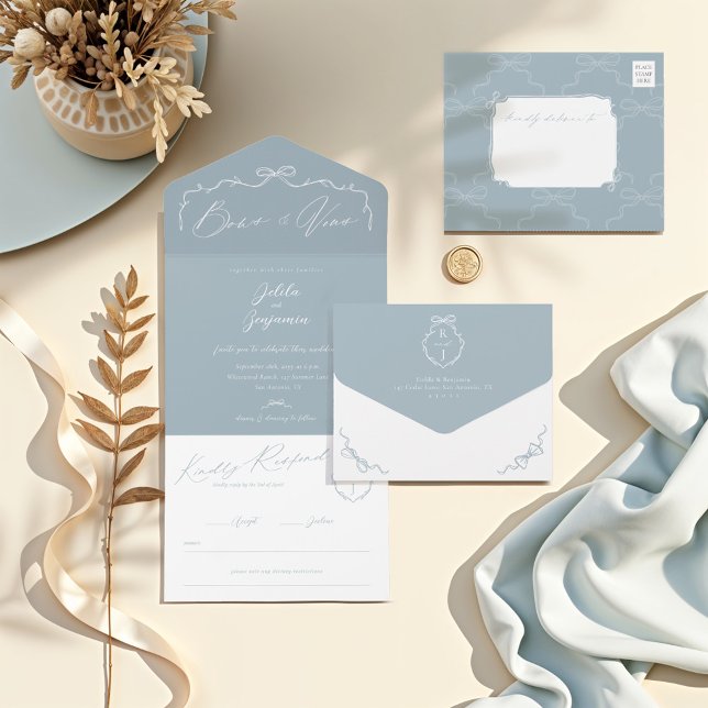 Elegante handgezeichnete Bow & Ribbon Monogram Hoc All In One Einladung (Elegant Hand Drawn Blue Bow & Ribbon Monogram Wedding All In One Invitation)