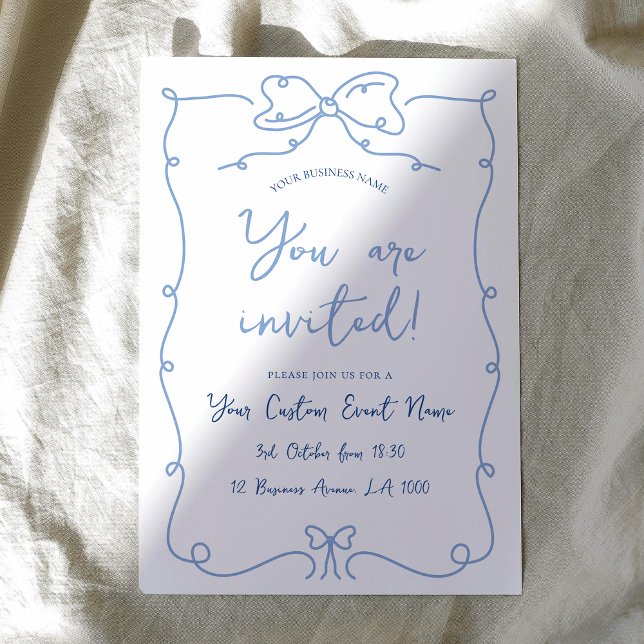 Elegante handgezeichnete Bows Blue Business Event  Einladung (Elegant hand-drawn style business event invitation with handwritten style font in blue and white)