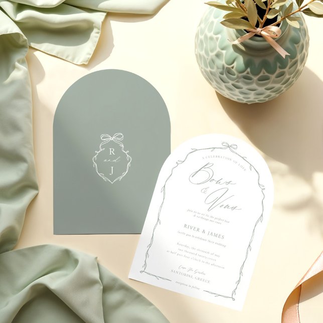 Elegante handgezeichnete Hochzeit mit grünem Bow u Einladung (Elegant Hand Drawn Green Bow & Ribbon Arch Wedding Invitation)