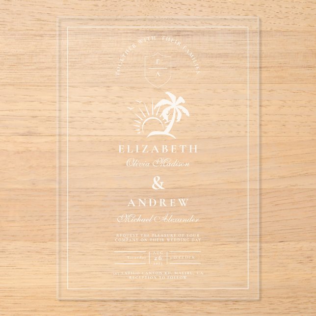 Elegante handgezeichnete Palmenbaumhochzeit Acryleinladungen (Vorderseite)